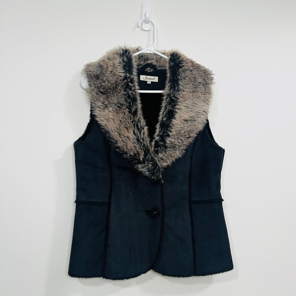 Jessica Womens Faux Suede Vest Faux Fur Collar Black Medium Two Button Front - Picture 2 of 8